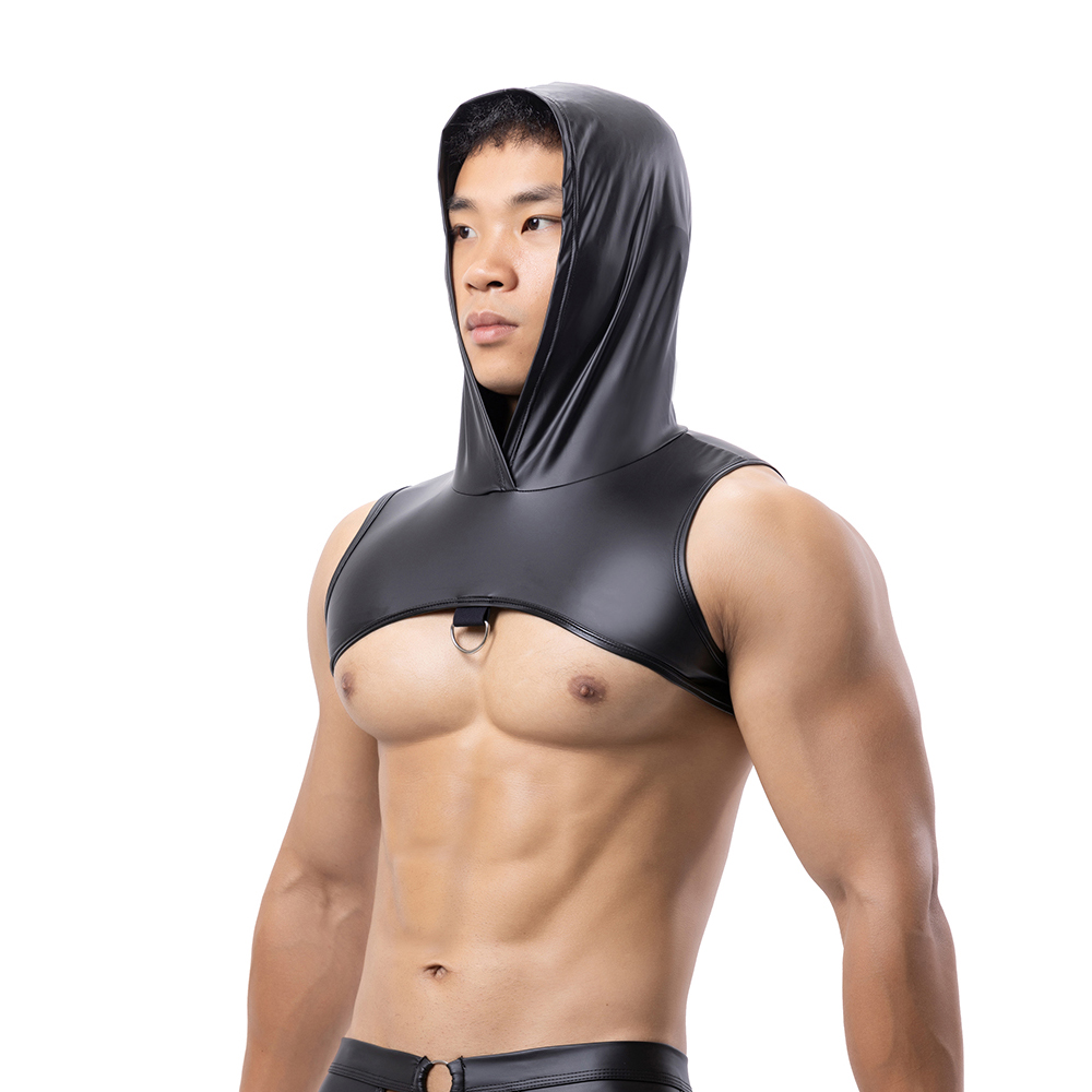 Men Faux Leather Hooded Fitnes - Leather Work Vest ulasan dan harga